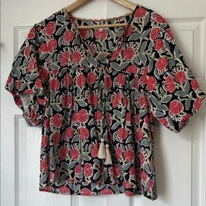 THML Black and pink Floral Blouse, size large, short balloon sleeve, flowy